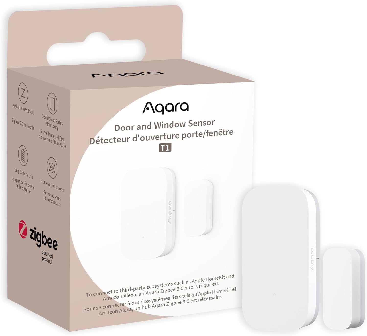 Aqara Door and Window Sensor T1 — White, 1 Pack Zigbee contact sensor with magnet; requires Aqara hub